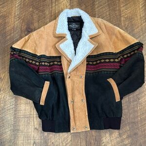 Oscar Piel Black & Tan Suede Aztec Pattern Coat 2XL